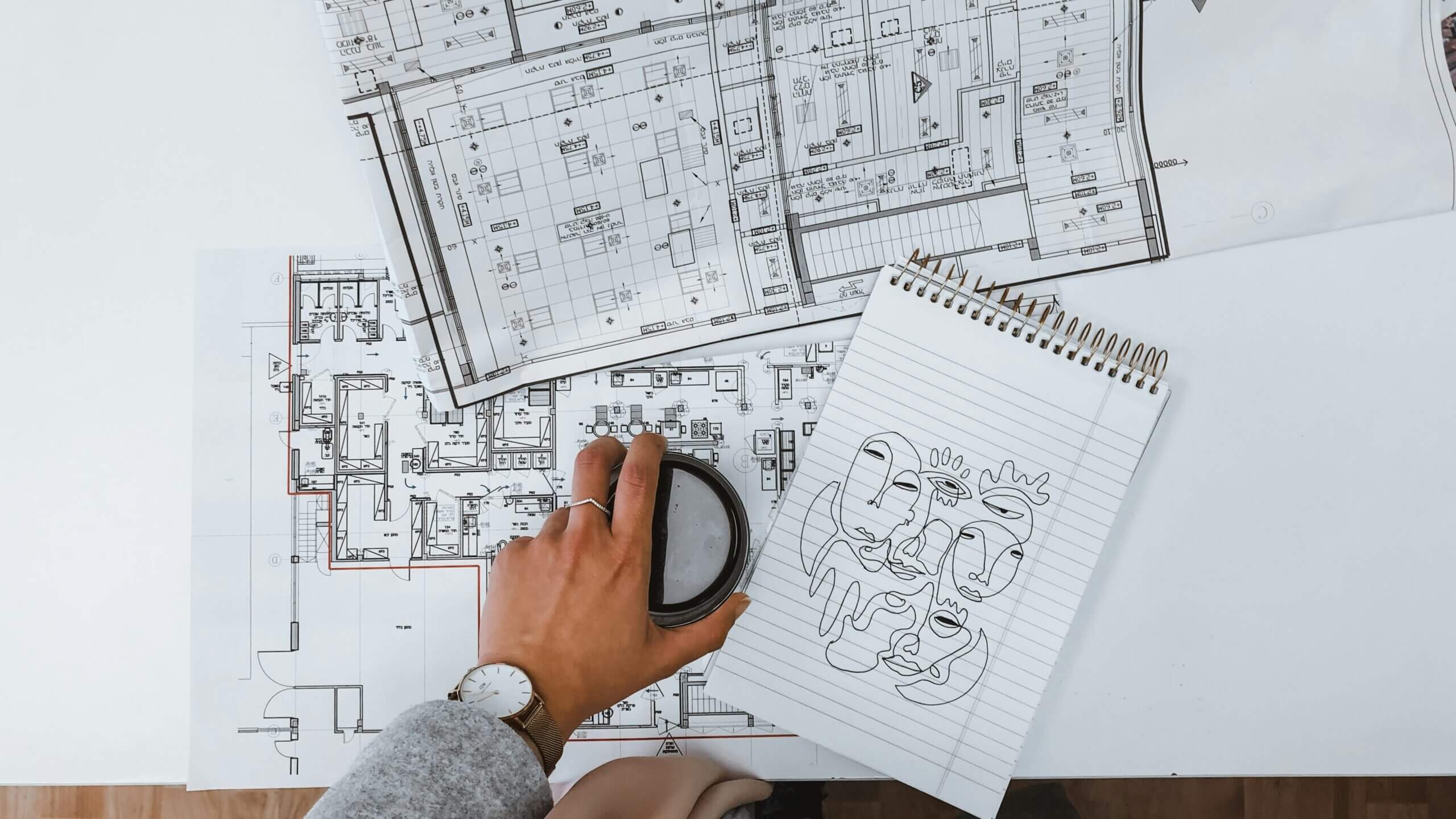Blueprints and sketches on a table